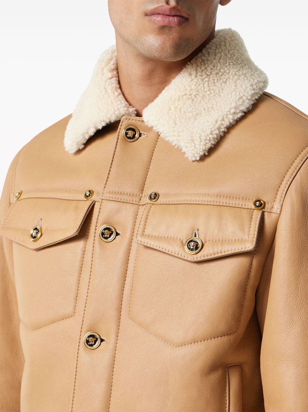 Shop Versace Shearling-collar Panelled Leather Jacket In Neutrals
