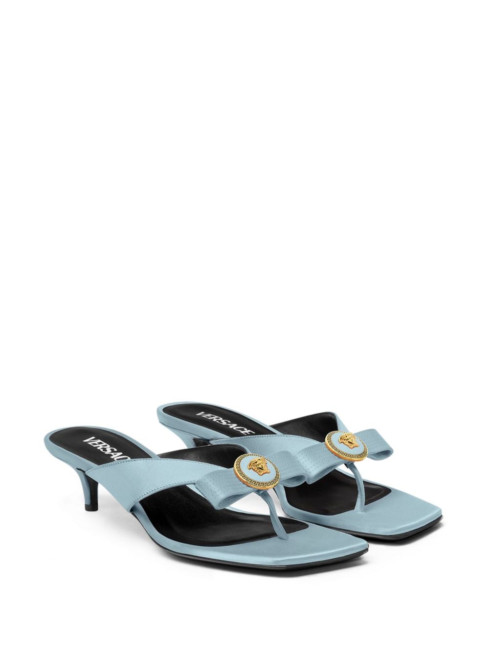 Shop Versace Gianni Bow 45mm Leather Mules In Blue