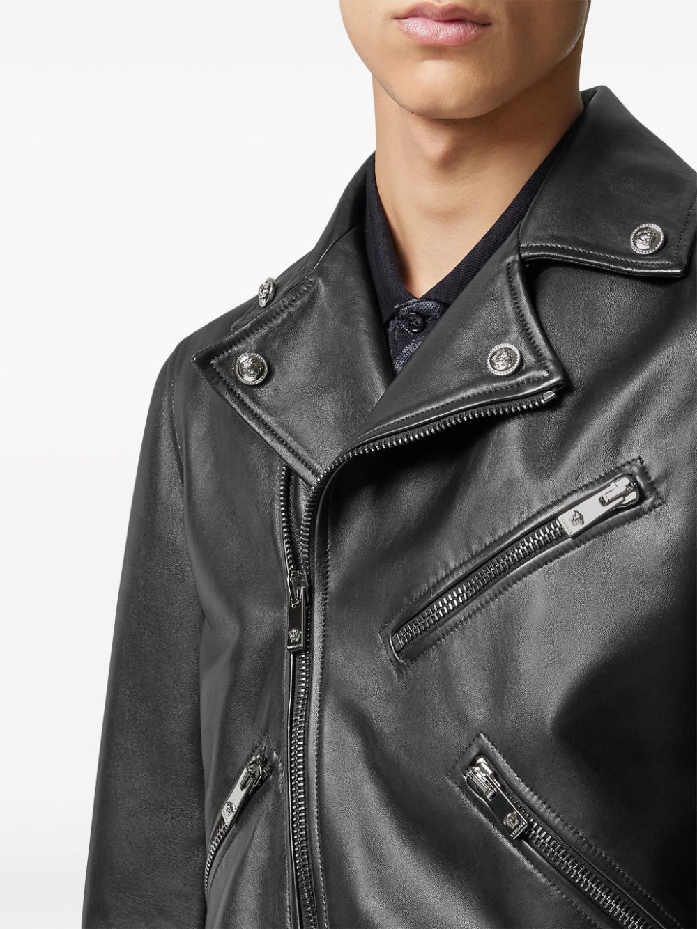 Shop Versace Leather Biker Jacket In Black