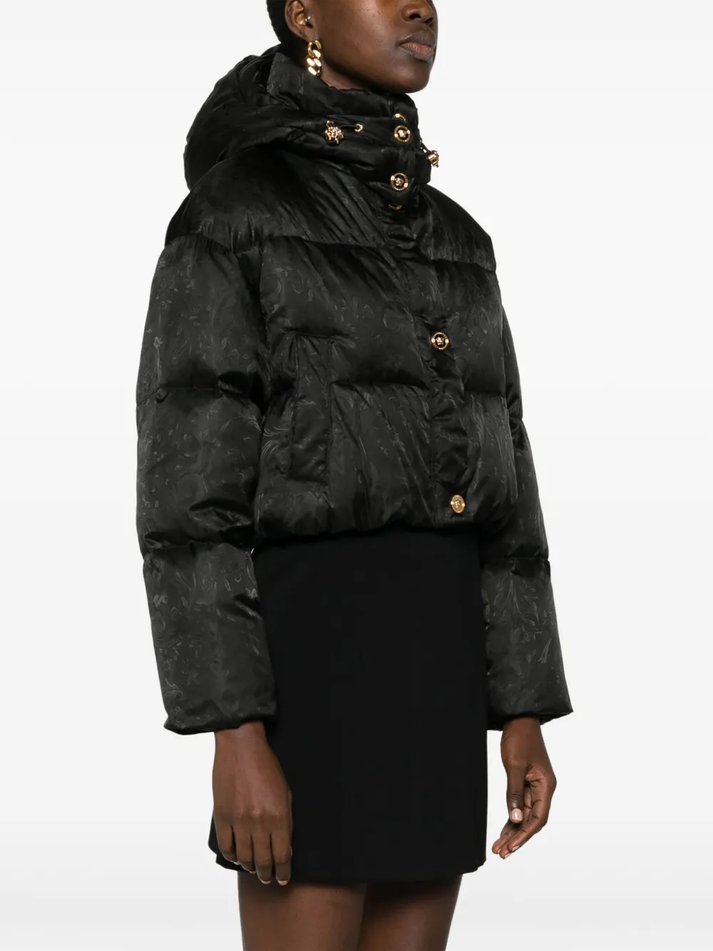 Shop Versace Barocco-jacquard Cropped Puffer Jacket In Black