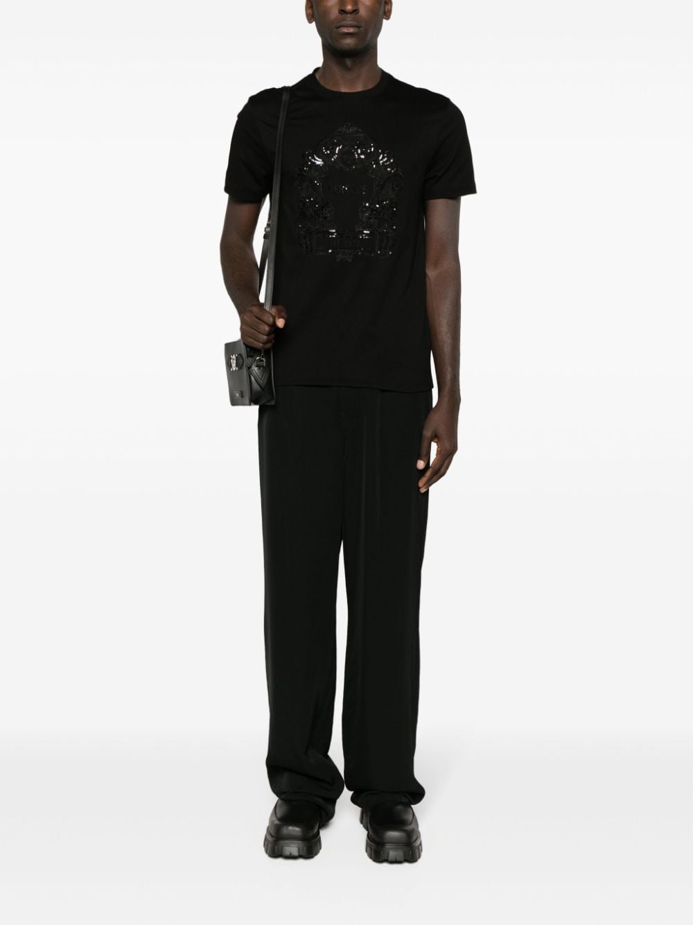 Shop Versace Cartouche-embellished Cotton T-shirt In Black