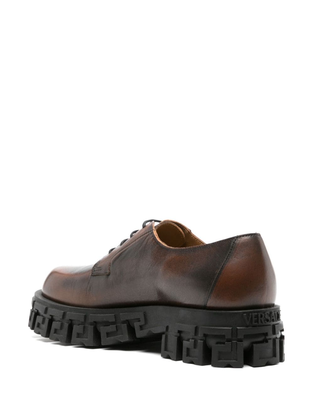 Shop Versace Greca Portico Leather Derby Shoes In Brown