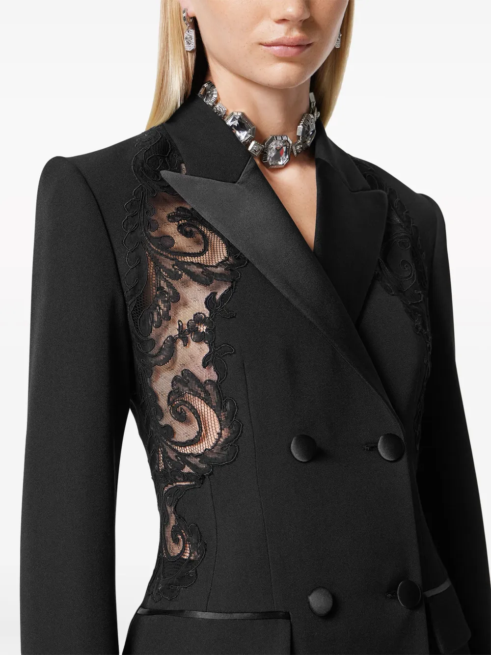 Shop Versace Barocco Lace-embellished Double-breasted Blazer In Black