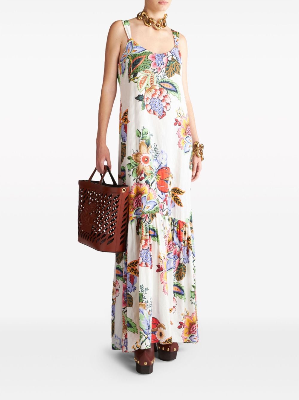 Shop Etro Floral-print Cotton Blend Maxi Dress In Neutrals