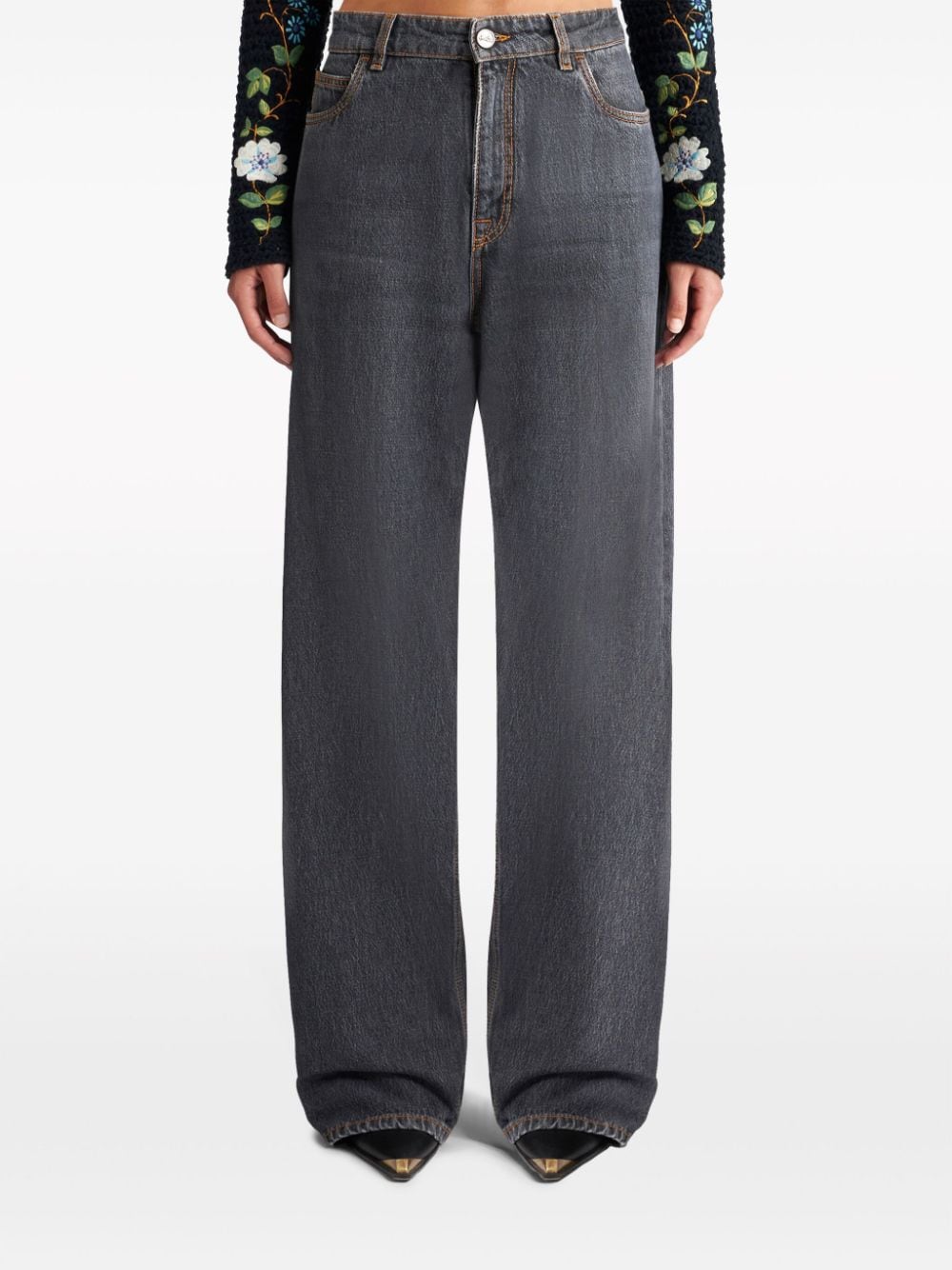 Shop Etro Pegaso-embroidered Wide-leg Jeans In Grey