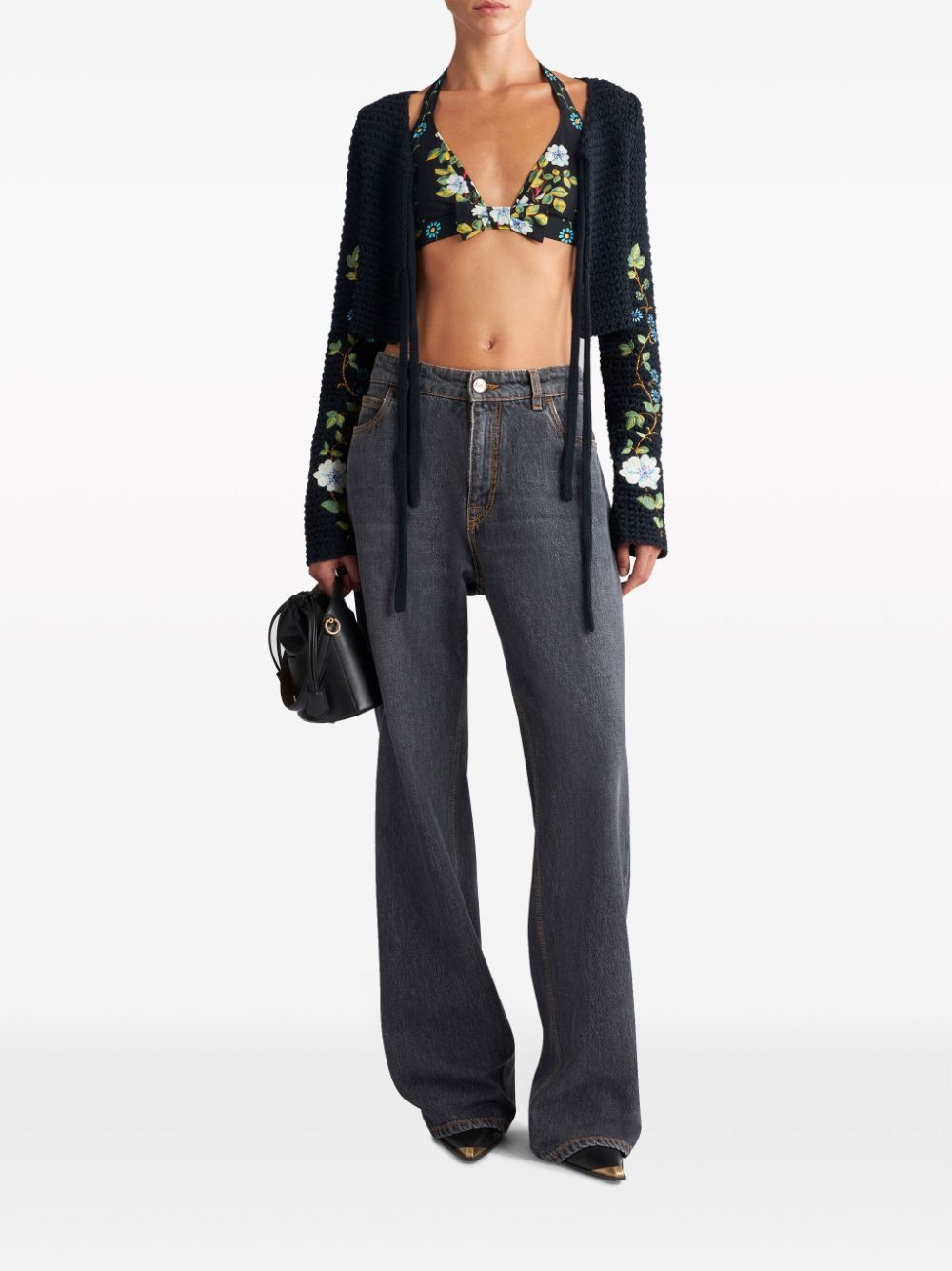 Shop Etro Pegaso-embroidered Wide-leg Jeans In Grey