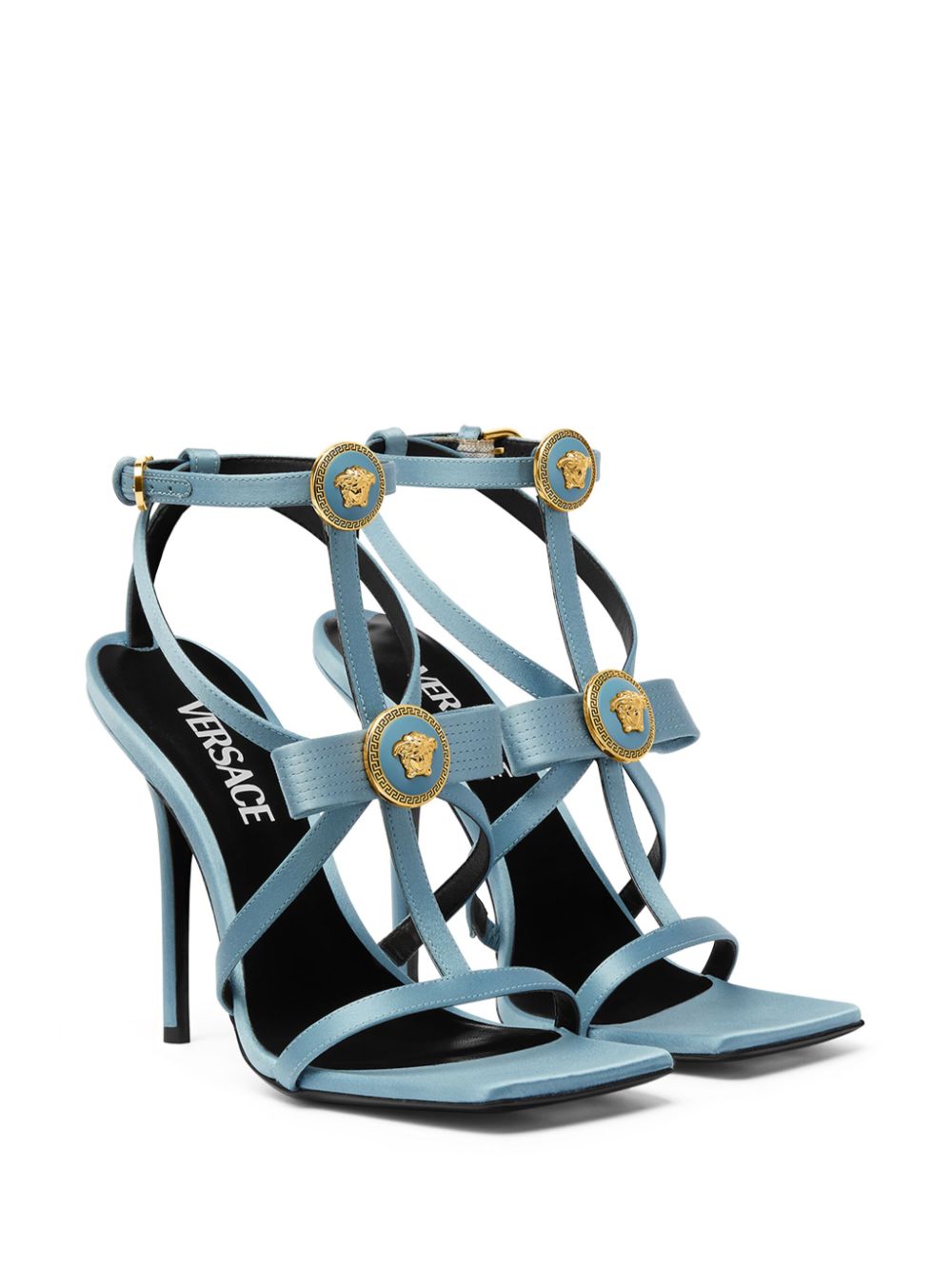 Shop Versace Gianni Ribbon Satin Caged Sandals In Blue