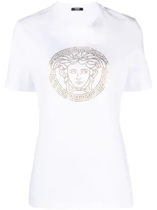 【VERSACE】Medusa Print Cotton T-shirt Versace Medusa Rhinestone Spring Multi-Color White Cotton T