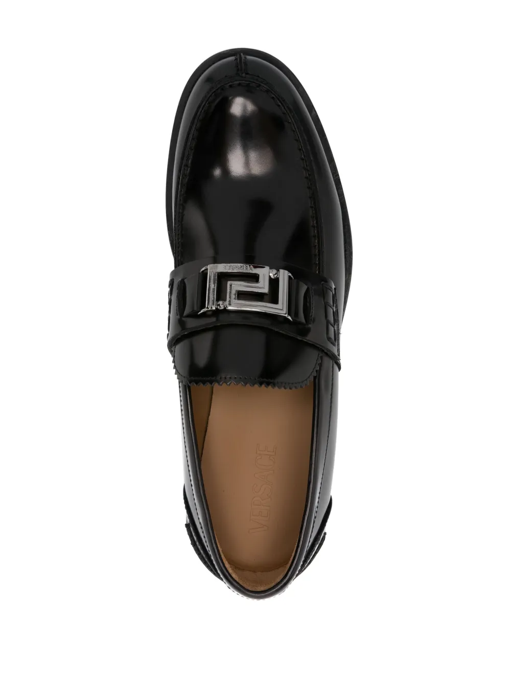 Shop Versace Greca Patent Leather Loafers In Black