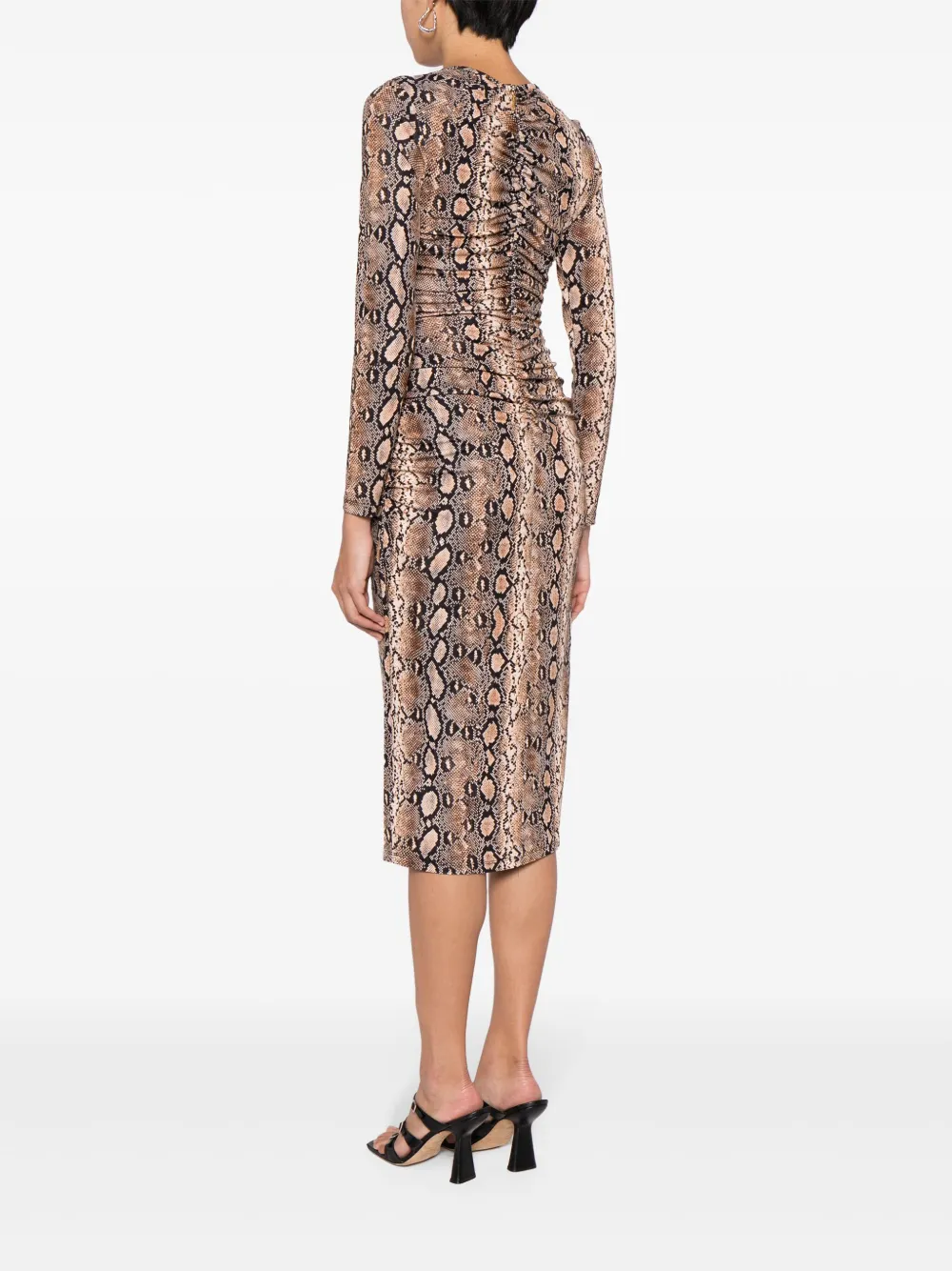 Shop Michael Kors Snakeskin-print Ruched Midi Dress In Brown