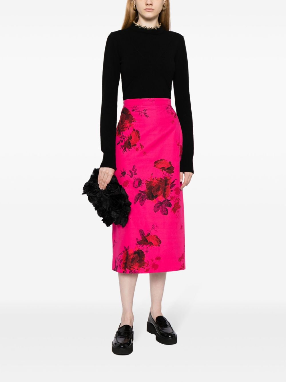 Shop Erdem Floral-print Faille Pencil Skirt In Pink