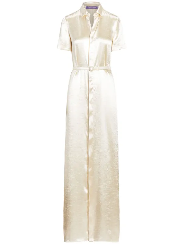 ralph lauren silk white dress Ralph Lauren Collection short-sleeved Satin Shirt Dress | Neutrals