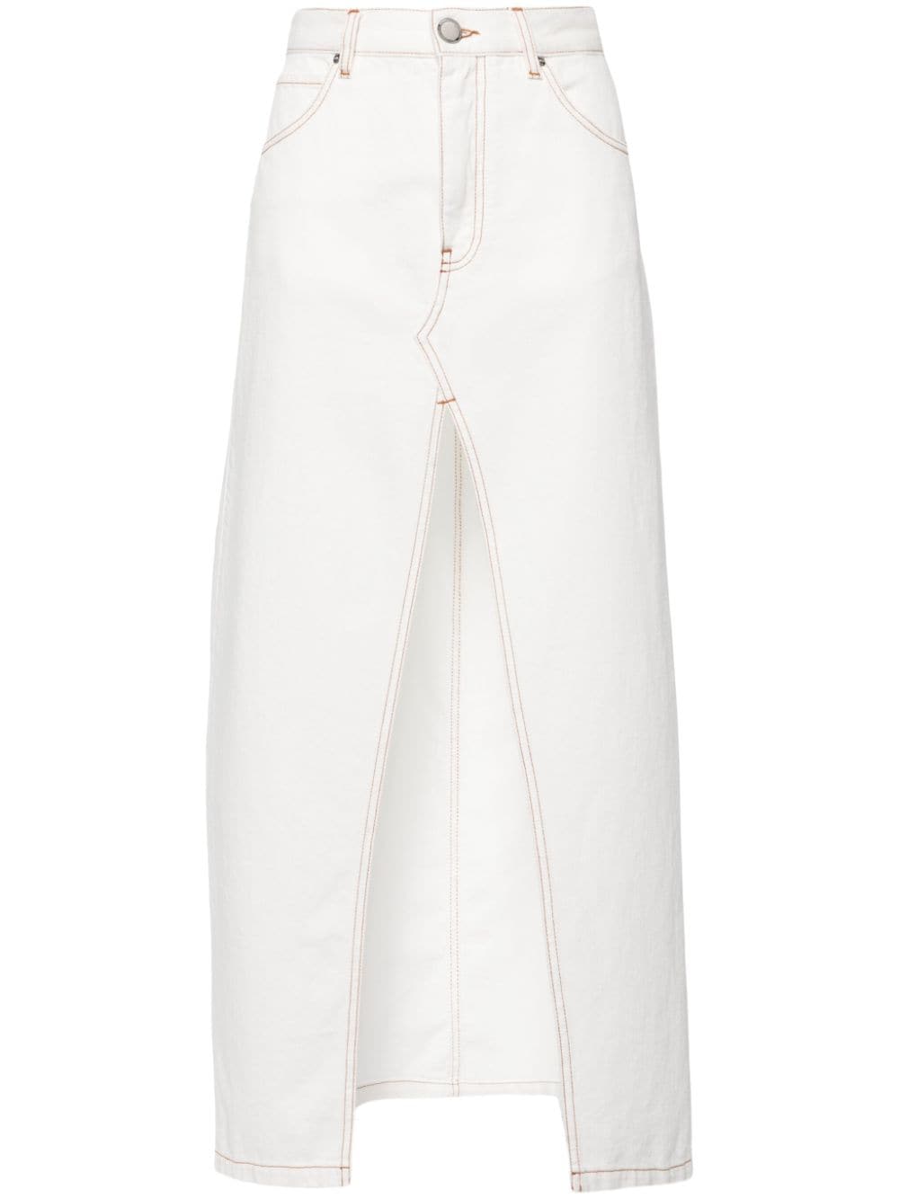Shop Pinko Embroidered Denim Skirt In White