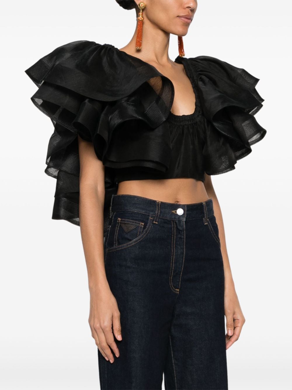 Shop Zimmermann Ruffled Scoop-neck Crop Top In Black