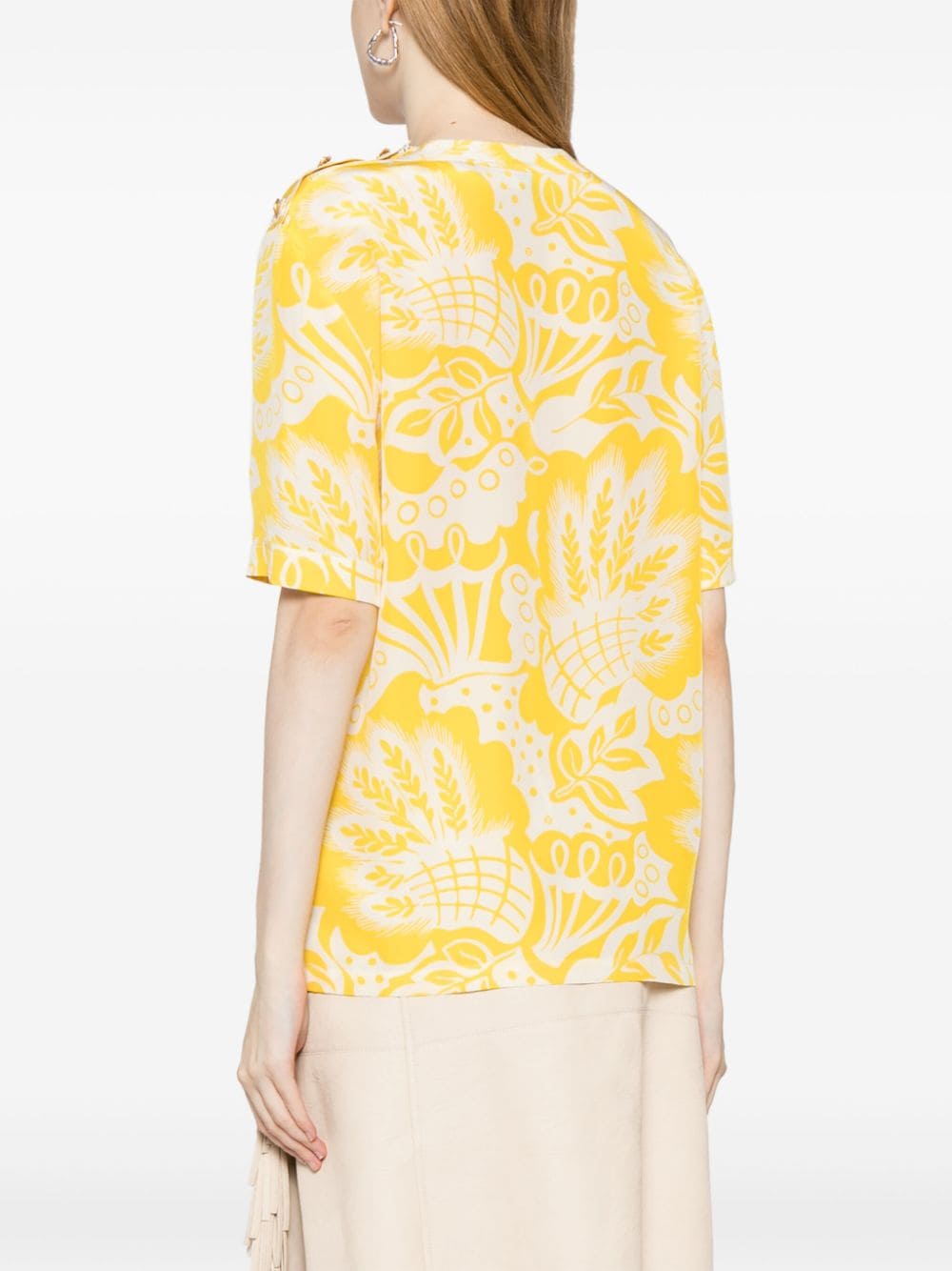 Pre-owned Chanel 1990s Leaf-print Silk Blouse In Yellow