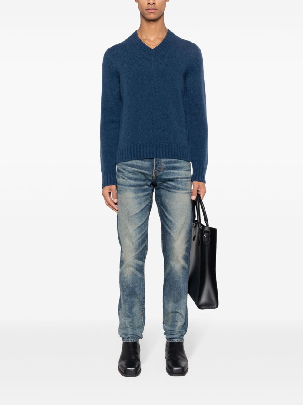 Shop Tom Ford Ribbed-knit V-neck Jumper In Blue