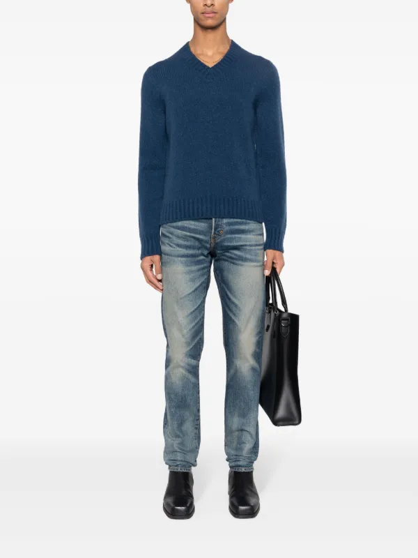 TOM FORD ribbed-knit V-neck Jumper | Blue | FARFETCH AU TOM FORD ribbed-knit V-neck Jumper | Blue | FARFETCH AU