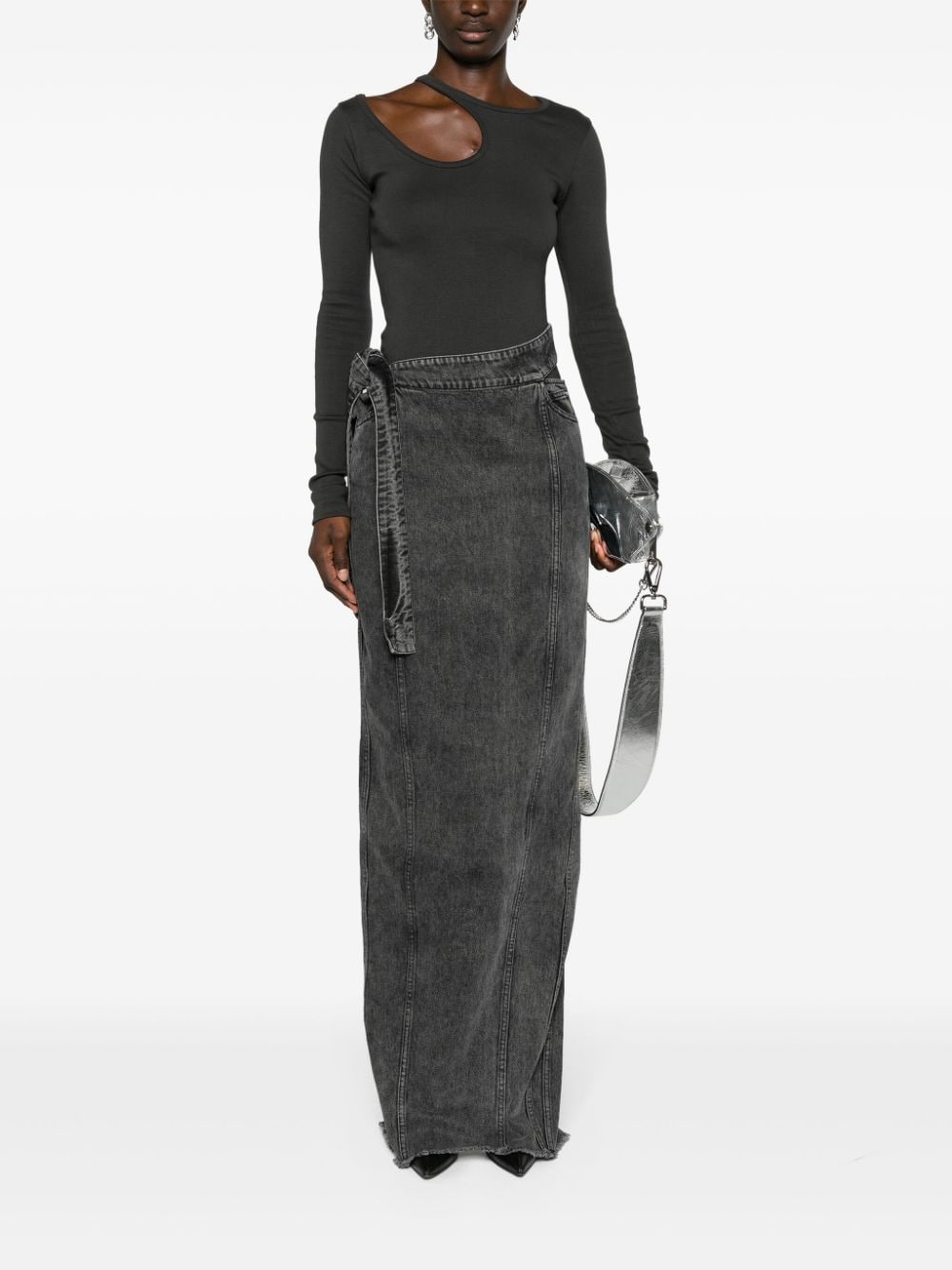 Shop Jade Cropper Side-tie Denim Maxi Skirt In Grey
