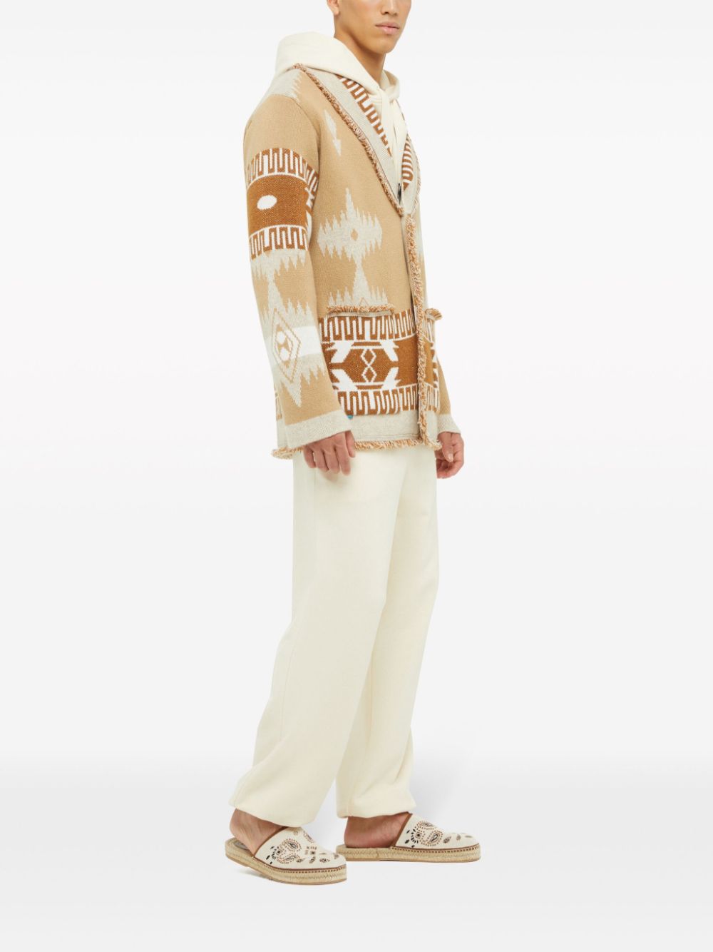 Shop Alanui Patterned-jacquard Frayed-trim Cardigan Coat In Neutrals