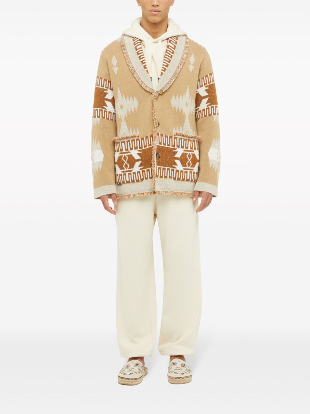 Alanui patterned-jacquard frayed-trim cardigan coat - Neutrals