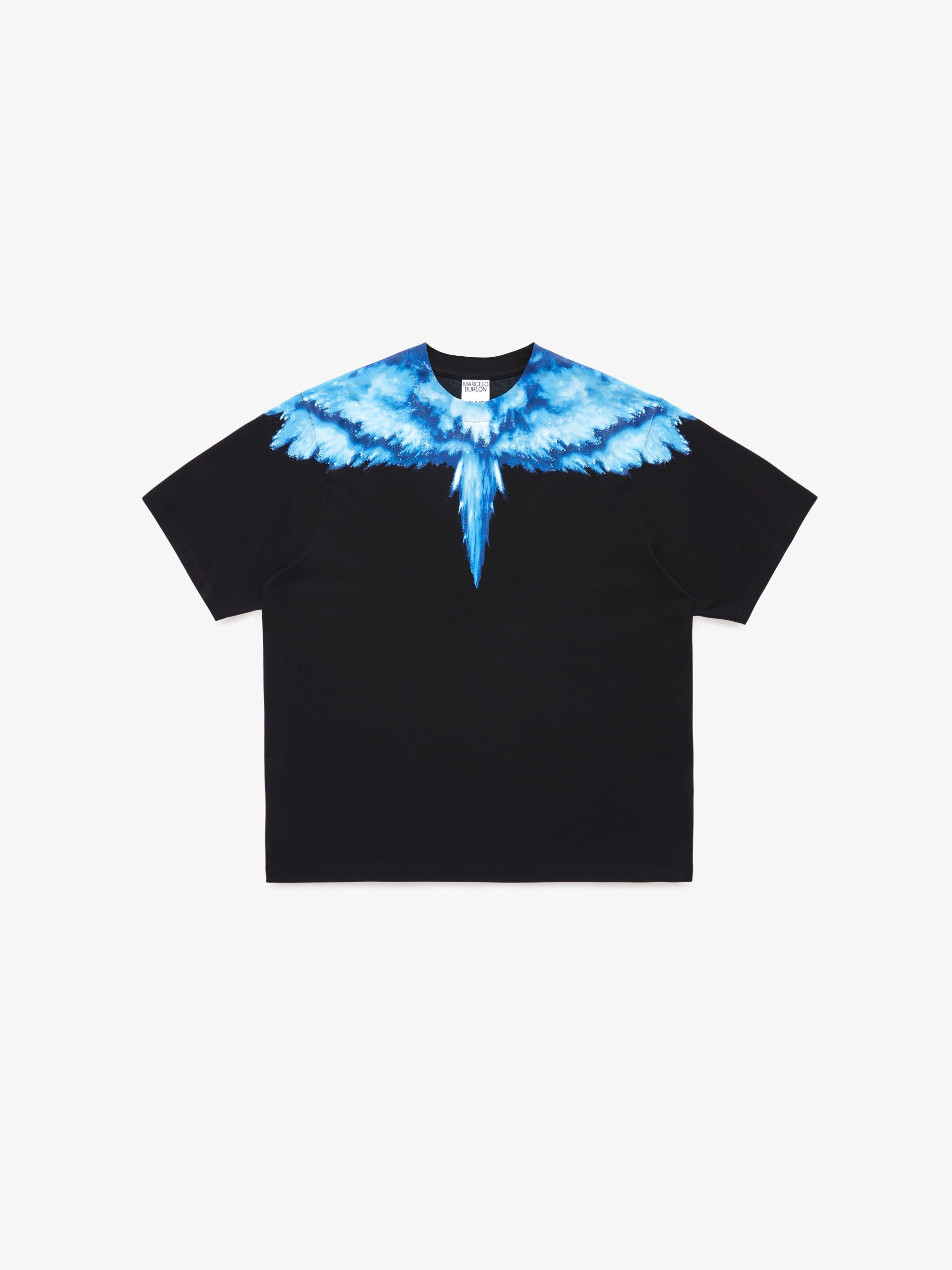 black/blue cotton soft jersey signature Marcelo Burlon Wings print watercolour effect crew neck drop shoulder short sleeves straight hem