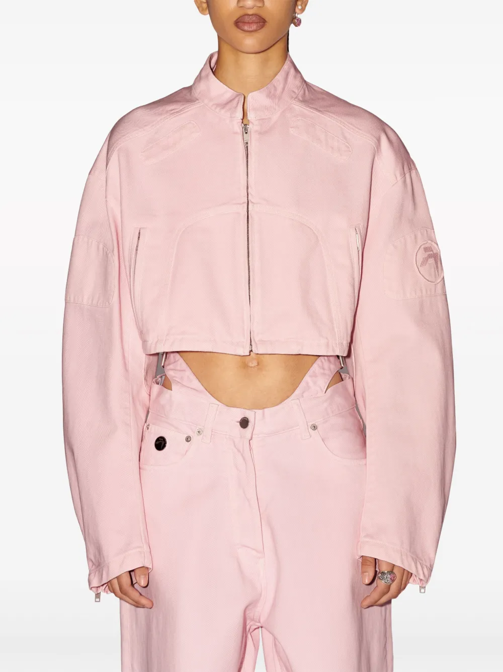 Shop Ambush Cropped Denim Biker Jacket In Pink