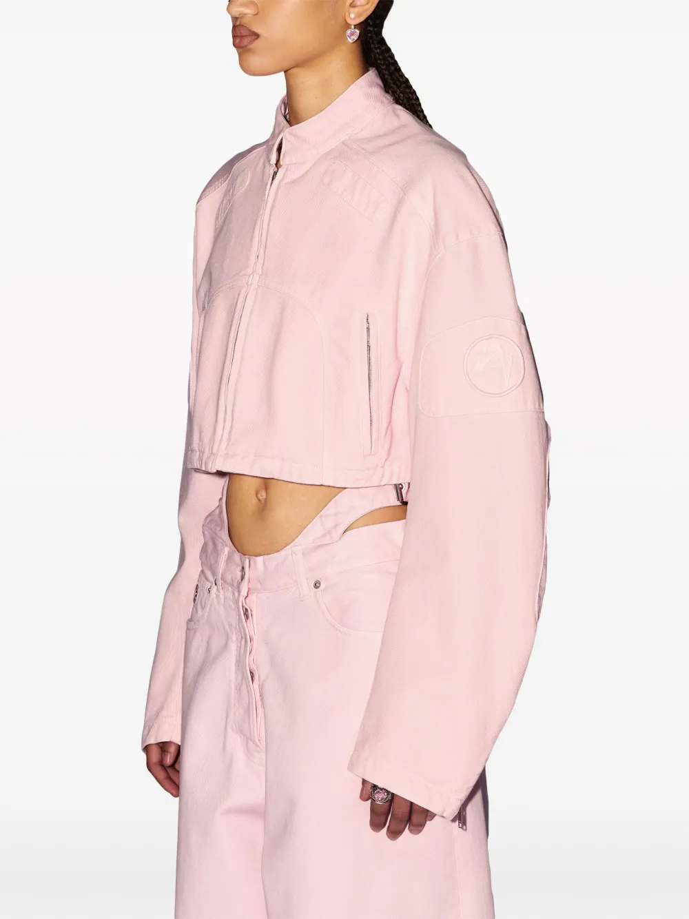 Shop Ambush Cropped Denim Biker Jacket In Pink