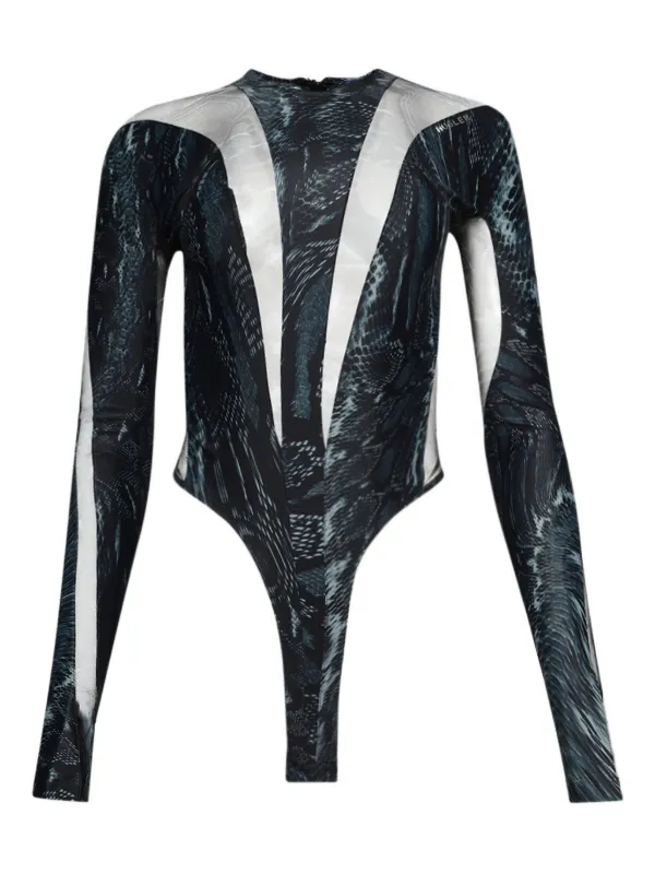 Mugler Snake-print Mesh Bodysuit in Black