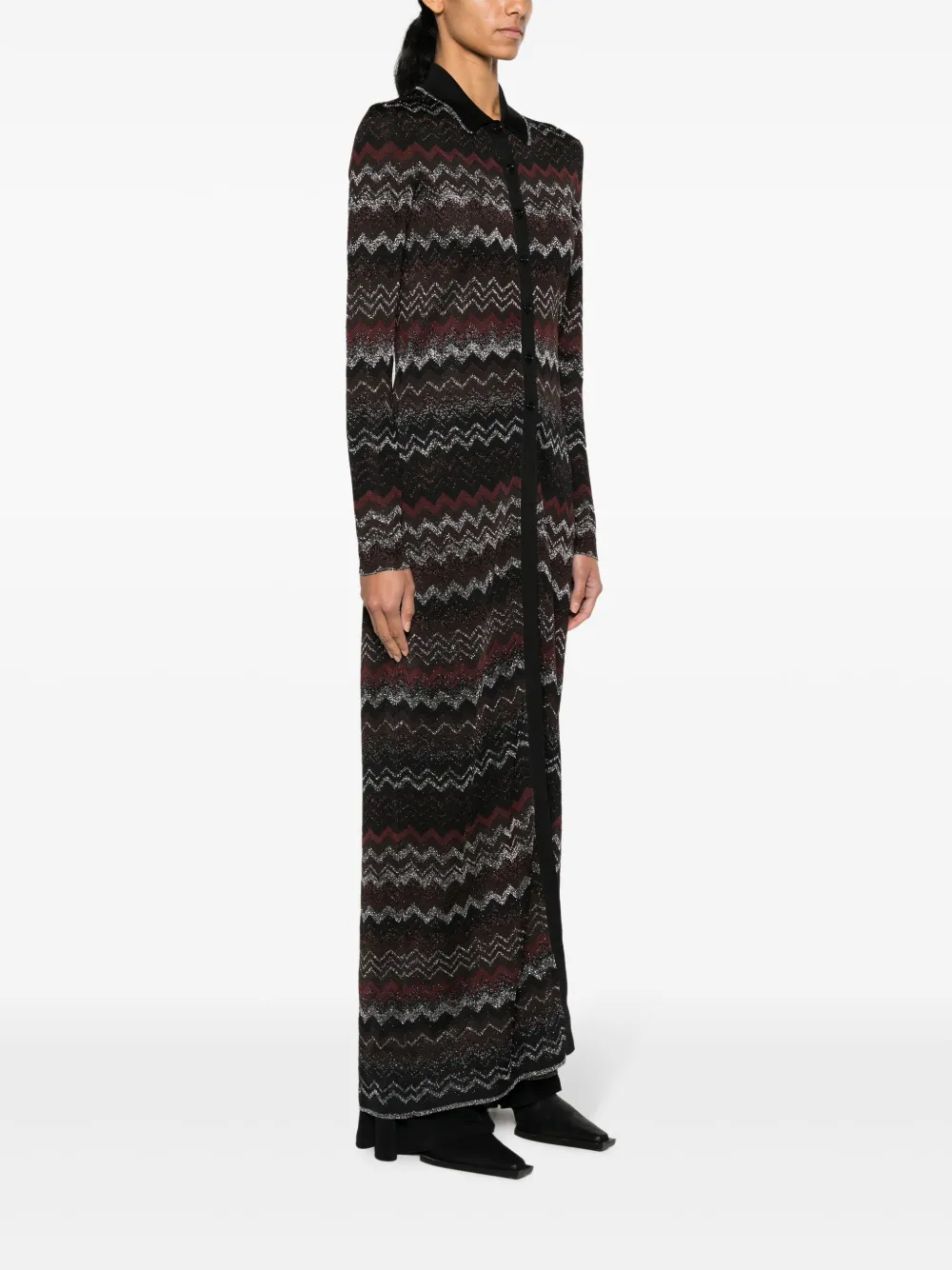 Shop Missoni Zigzag Pollo-collar Cardigan In Sm956 - Multicolor Black-bordeaux-grey-brown