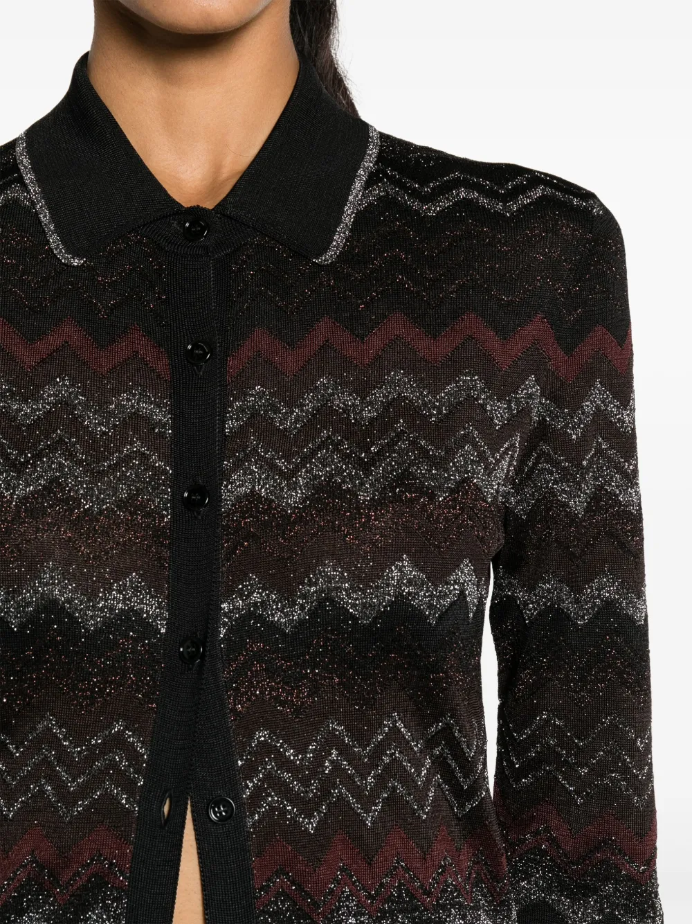 Shop Missoni Zigzag Pollo-collar Cardigan In Sm956 - Multicolor Black-bordeaux-grey-brown