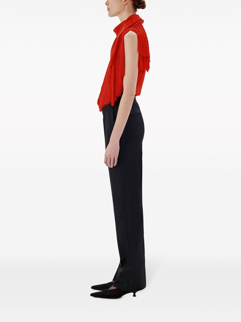 Shop Another Tomorrow Fringed Scarf-neck Blouse In Rot