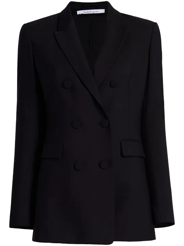 Another Tomorrow Double-breasted Merino Wool Blazer in Black