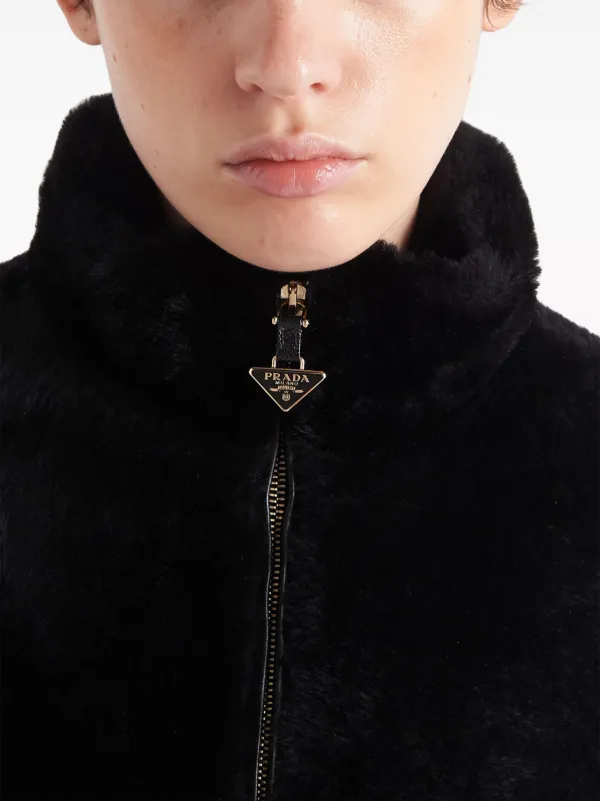 Prada logo-appliqué Shearling Jacket | Black | FARFETCH