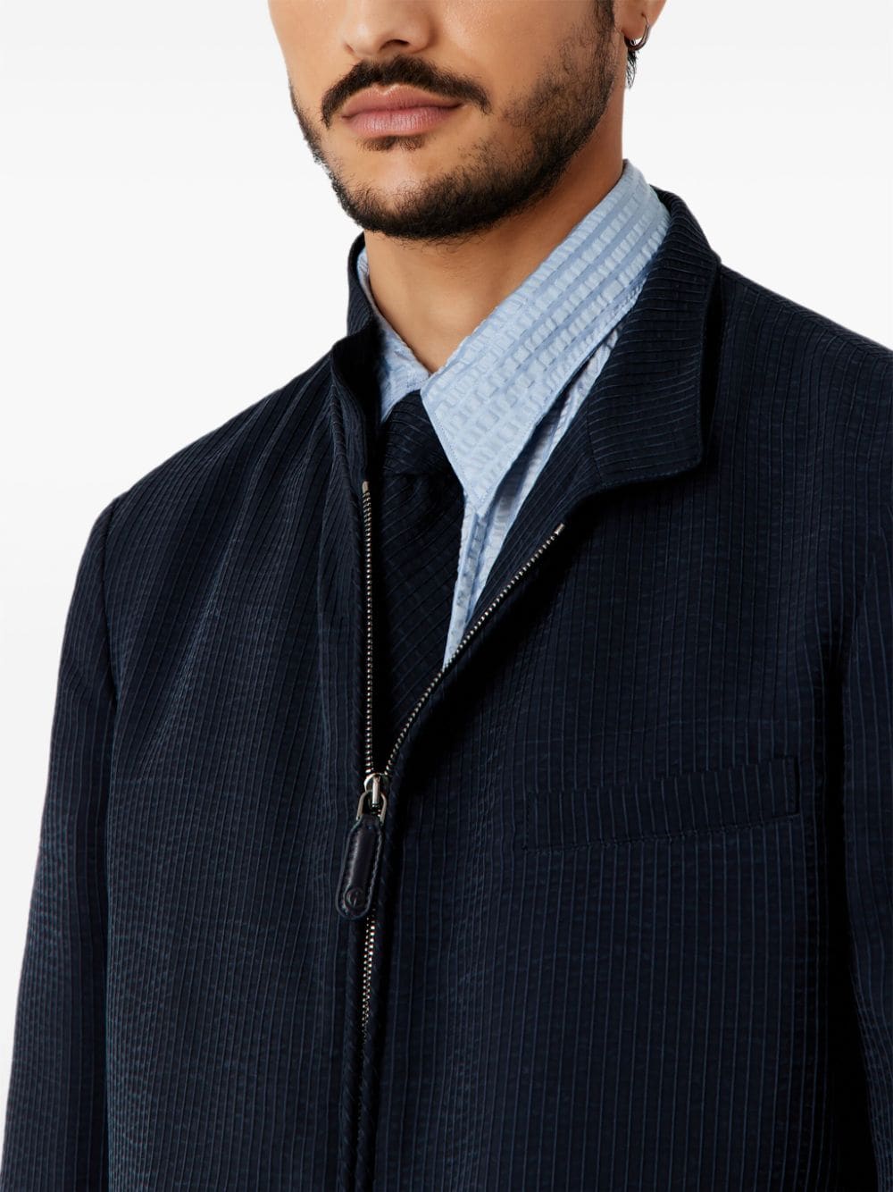 Shop Giorgio Armani Zipped Ribbed Bomber Jacket In Blue