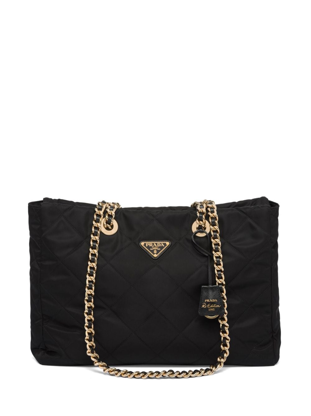 Prada Enamel Triangle-logo Quilted Tote Bag In Black