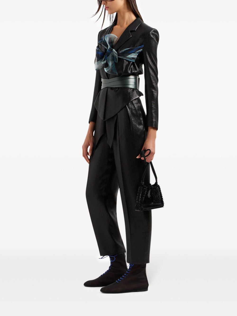 Shop Giorgio Armani High-shine Tapered Trousers In Black