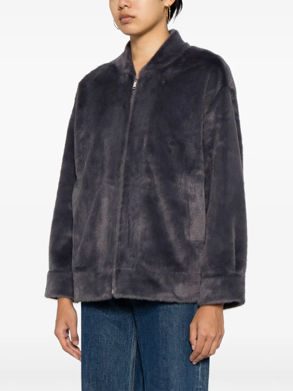 Shop B+ab Band-collar Faux Fur Jacket In Blue