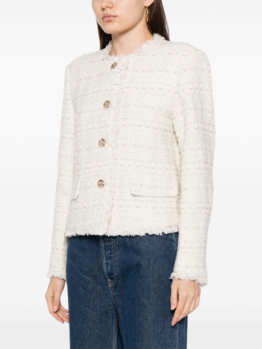 Shop Tout A Coup Embossed-button Frayed Tweed Jacket In Neutrals
