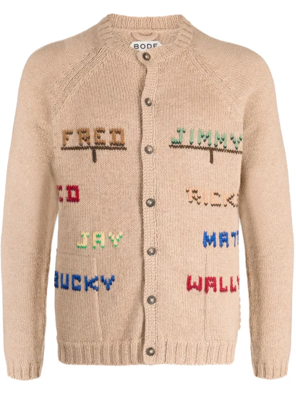 Bode Patterned-intarsia Crew-neck Cardigan in Brown