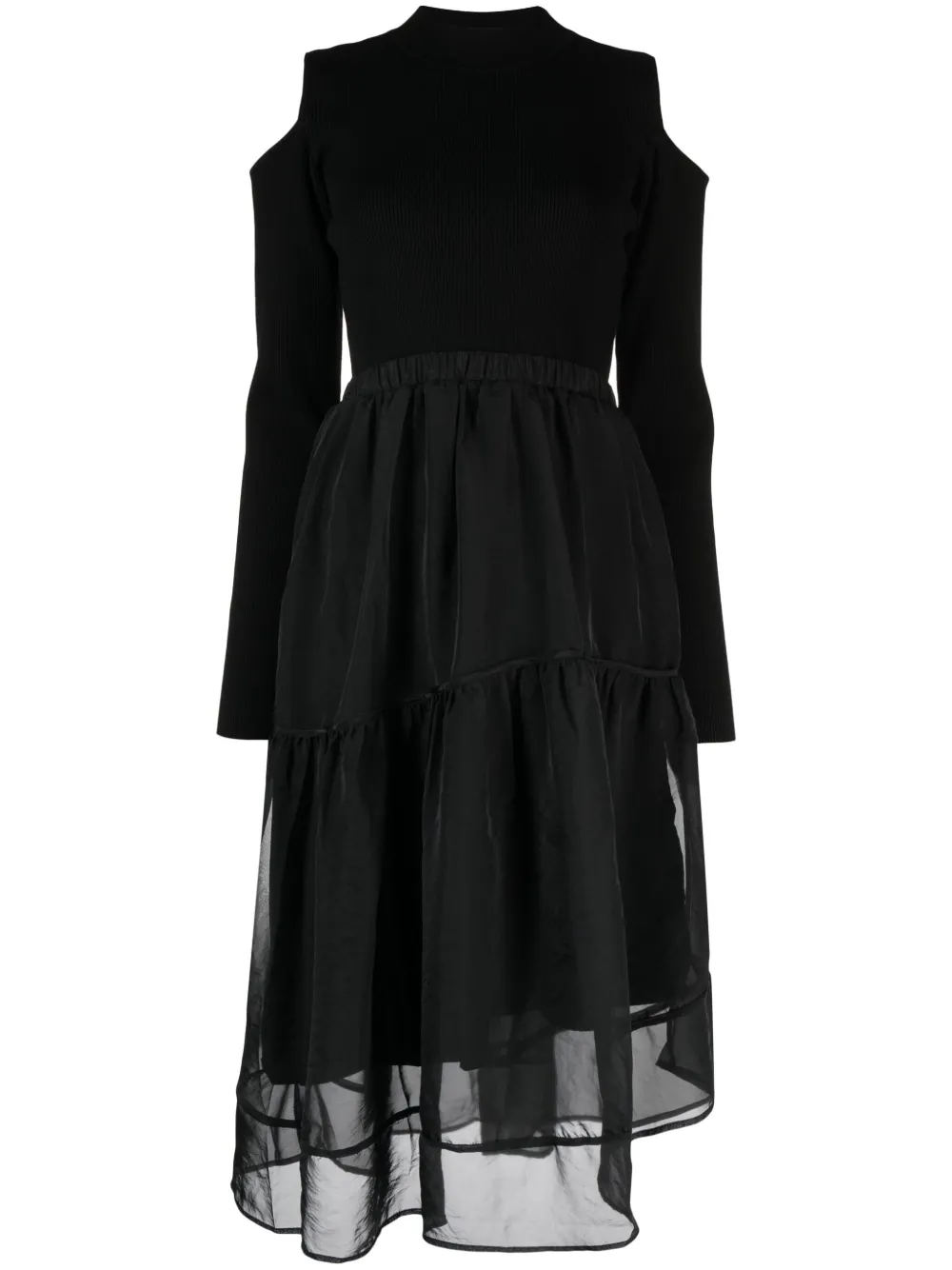 Tout A Coup Cold-shoulder Layered Midi Dress In Black