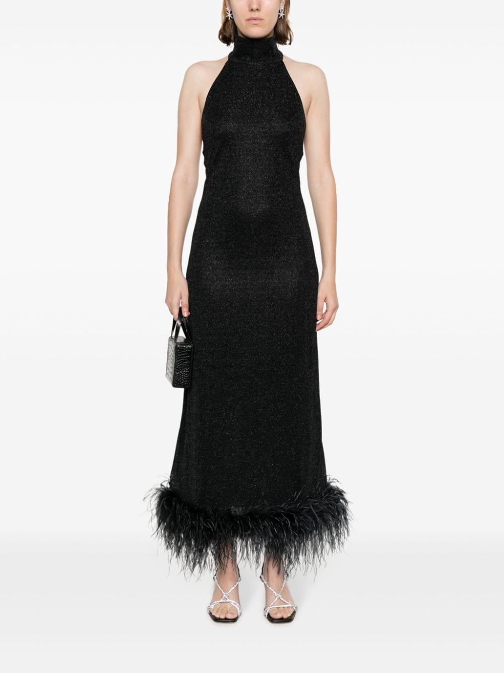 Oséree halterneck feather-trim maxi dress - Zwart