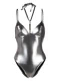 Moschino logo plaque neck-strap swimsuit - Silver