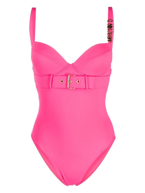 Moschino logo-plaque Belted Swimsuit - Farfetch