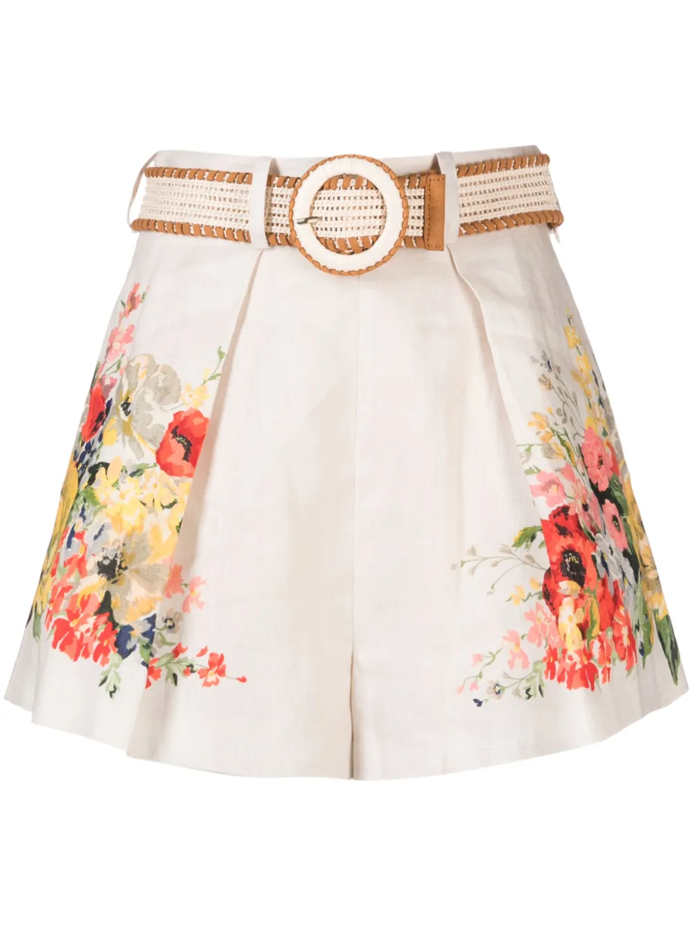 Zimmermann + Net Sustain Alight Belted Pleated Floral-print Linen Shorts In Ivory Floral