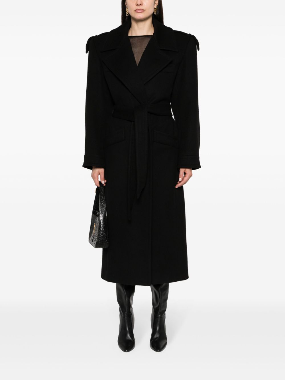 Shop Saint Laurent Tied-waist Midi Coat In Black