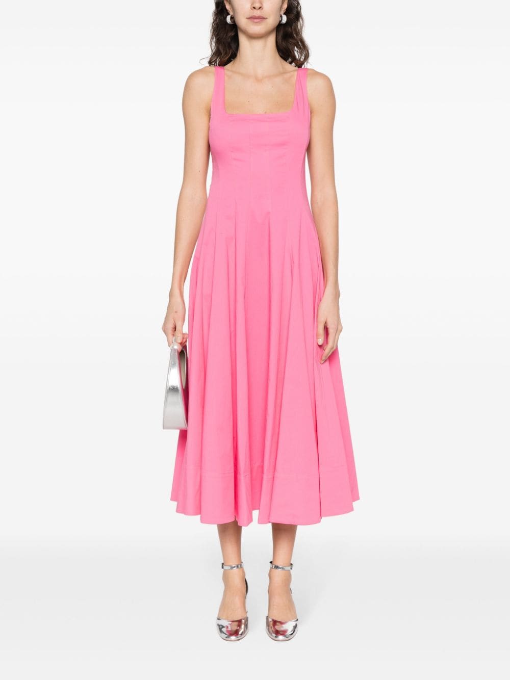 STAUD Wells pleated cotton midi dress - Roze