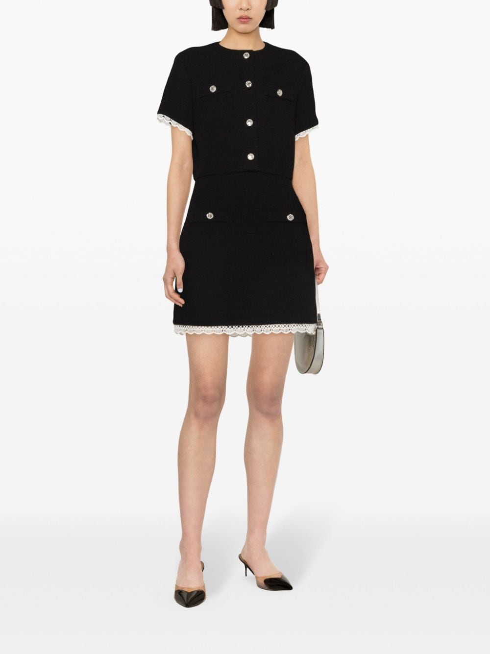 Maje Tweed mini-jurk met afwerking van kant Zwart