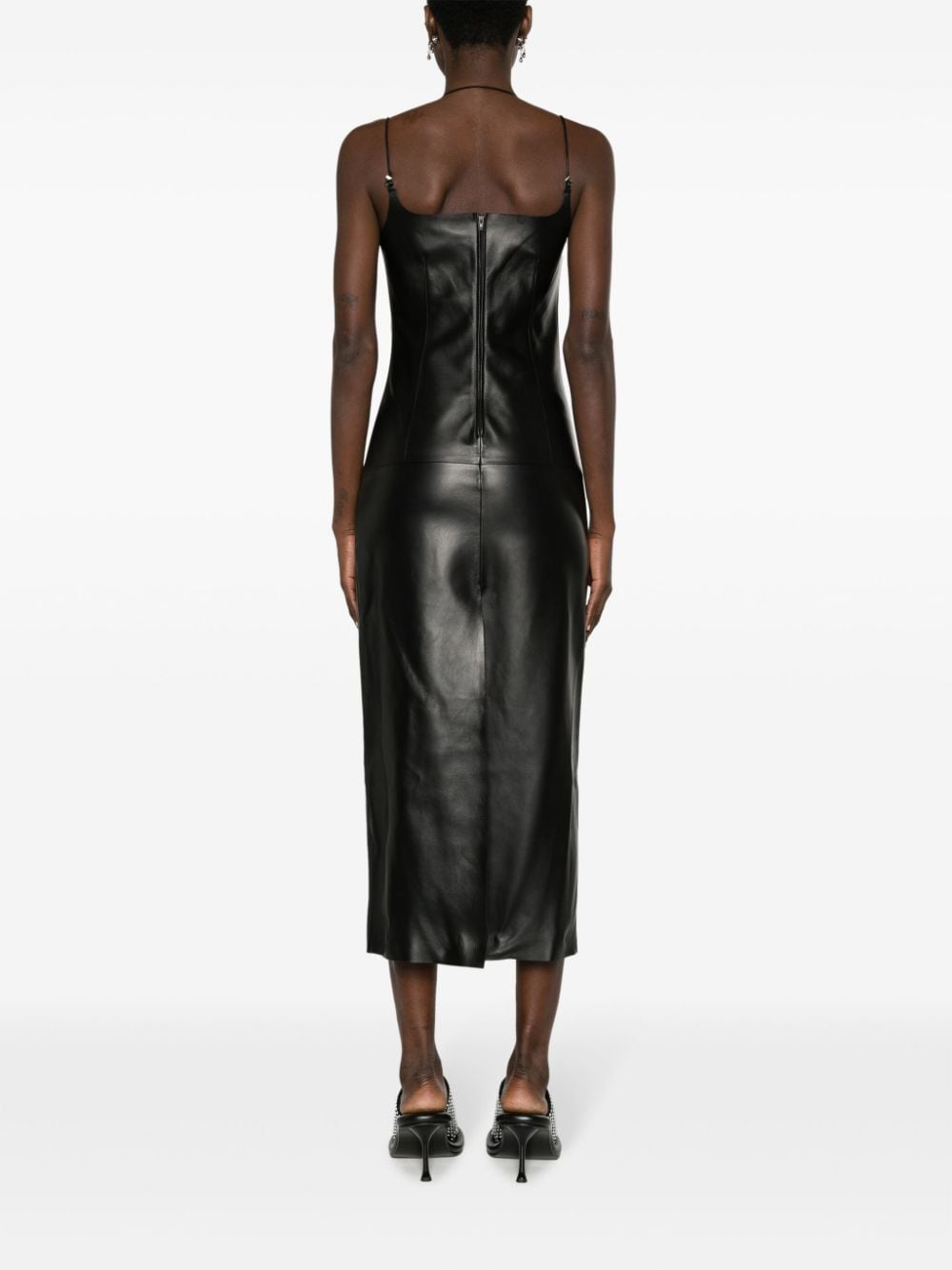 Shop Attico Halterneck Leather Midi Dress In Black