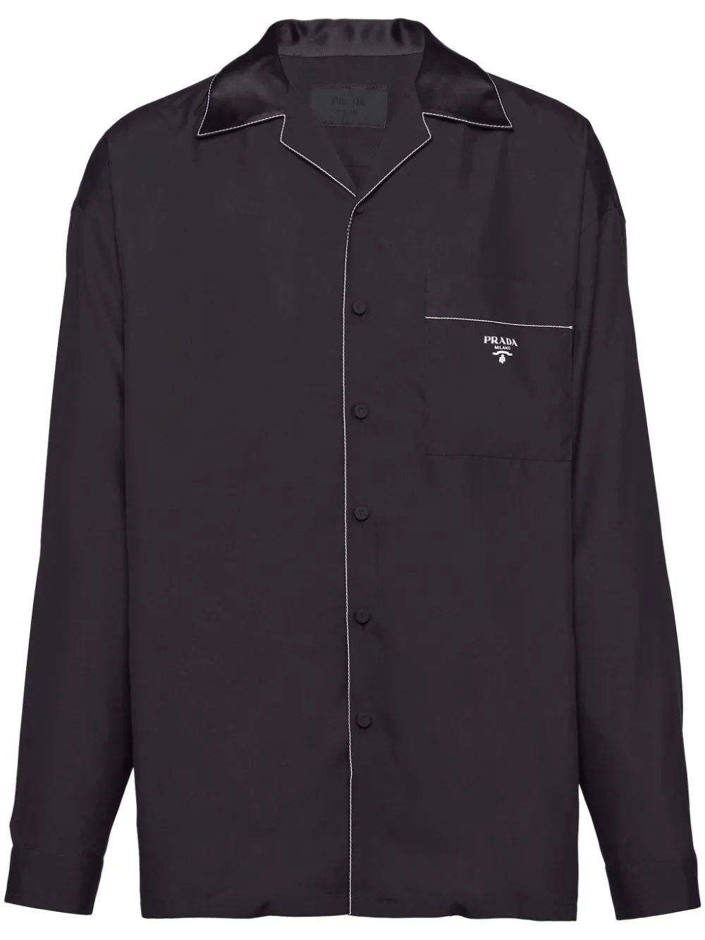 Shop Prada Contrast-trim Silk Pajama Shirt In Black