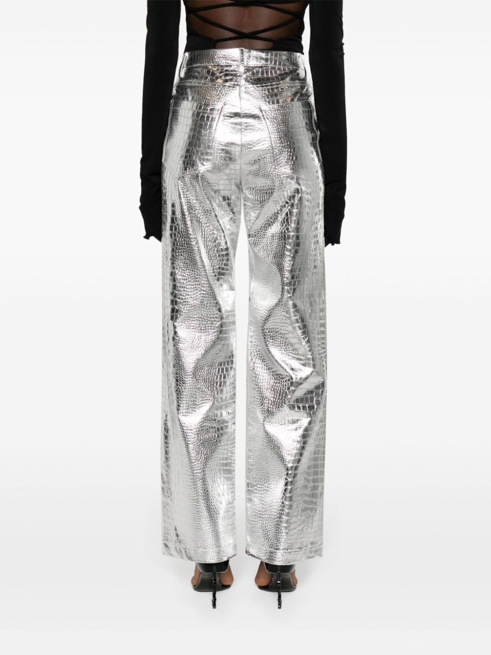 Shop Rotate Birger Christensen Embossed-crocodile High-waisted Straight Trousers In Silver